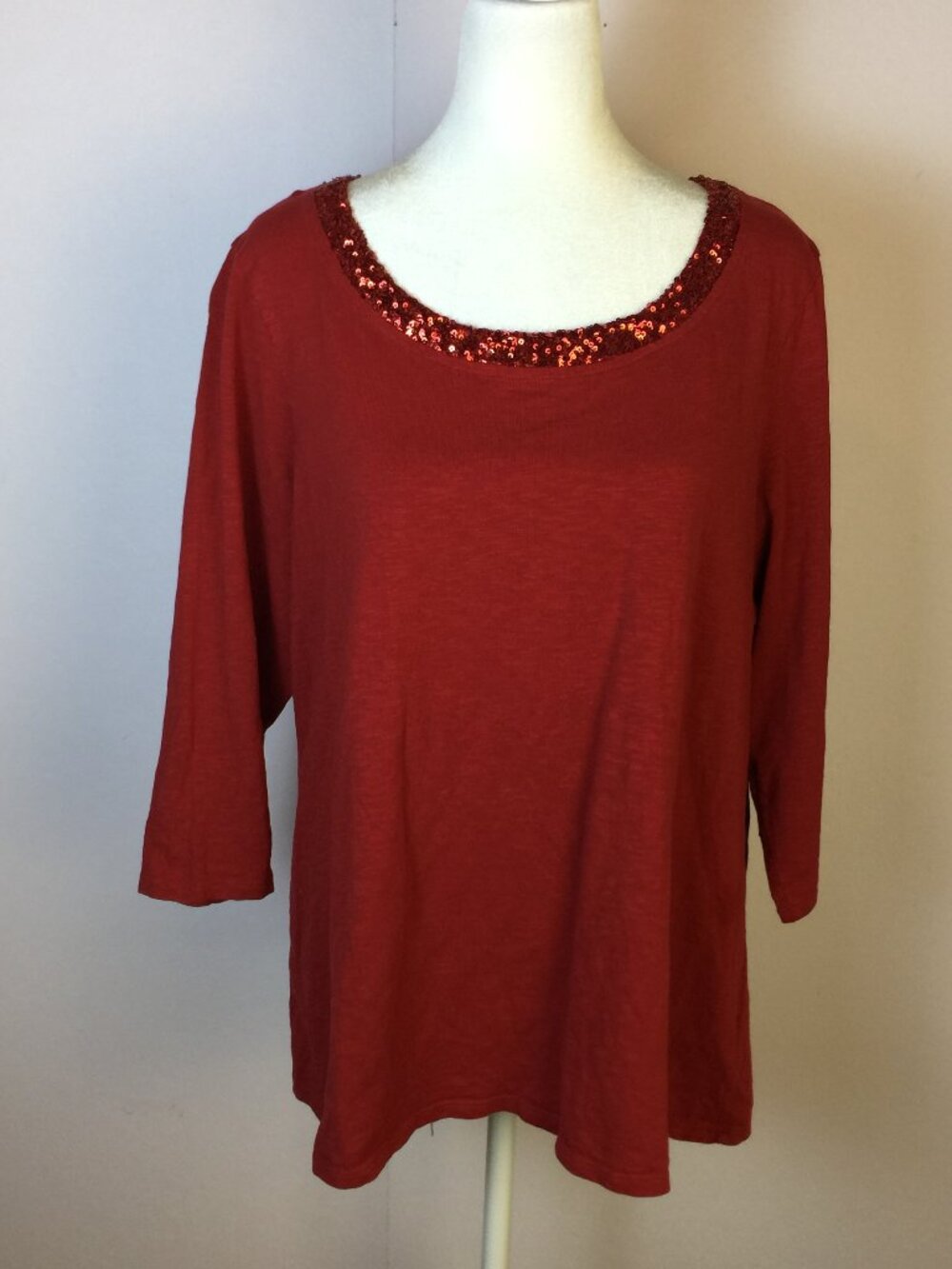 Coldwater Creek Blouse Shirt 1X Womans Plus Red Sequin Neck 3/4 Sleeve Holiday